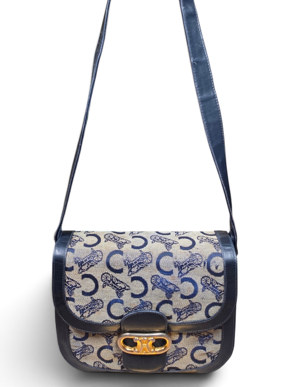 Vtg. CELINE C Sulky Horse & Carriage Jacquard Navy Canvas Purse (Retail $1500+) - Picture 16 of 17